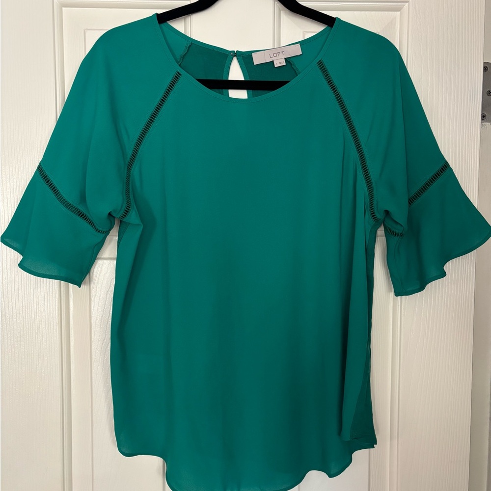 LOFT Cutout Flounce Mixed Media Top in “Shady Glade”